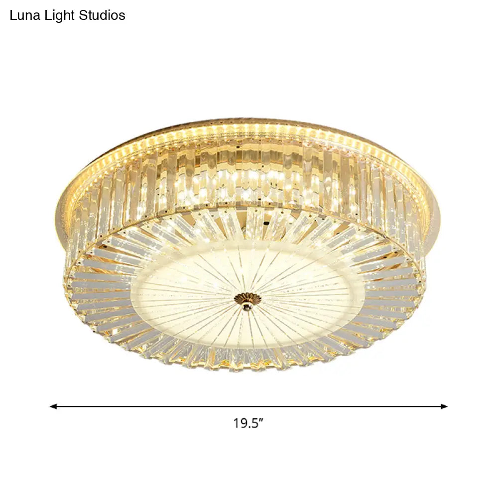 Contemporary Led Flush Mount With Clear Crystal Drum Shade - Ideal For Sleeping Rooms