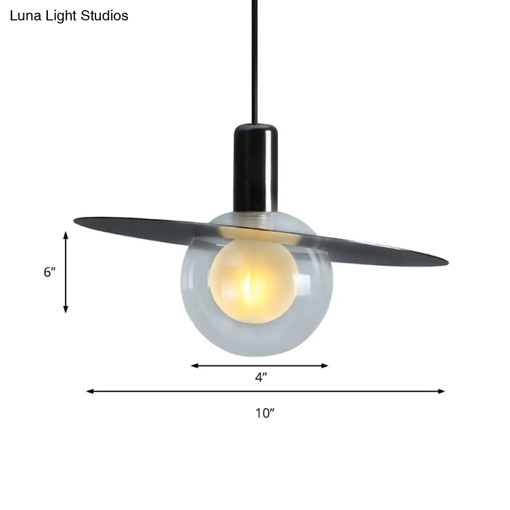 Contemporary Led Pendant Lamp: Globe Clear Glass Black Hanging Light Fixture With Ring Disk