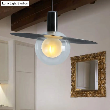 Contemporary Led Pendant Lamp: Globe Clear Glass Black Hanging Light Fixture With Ring Disk