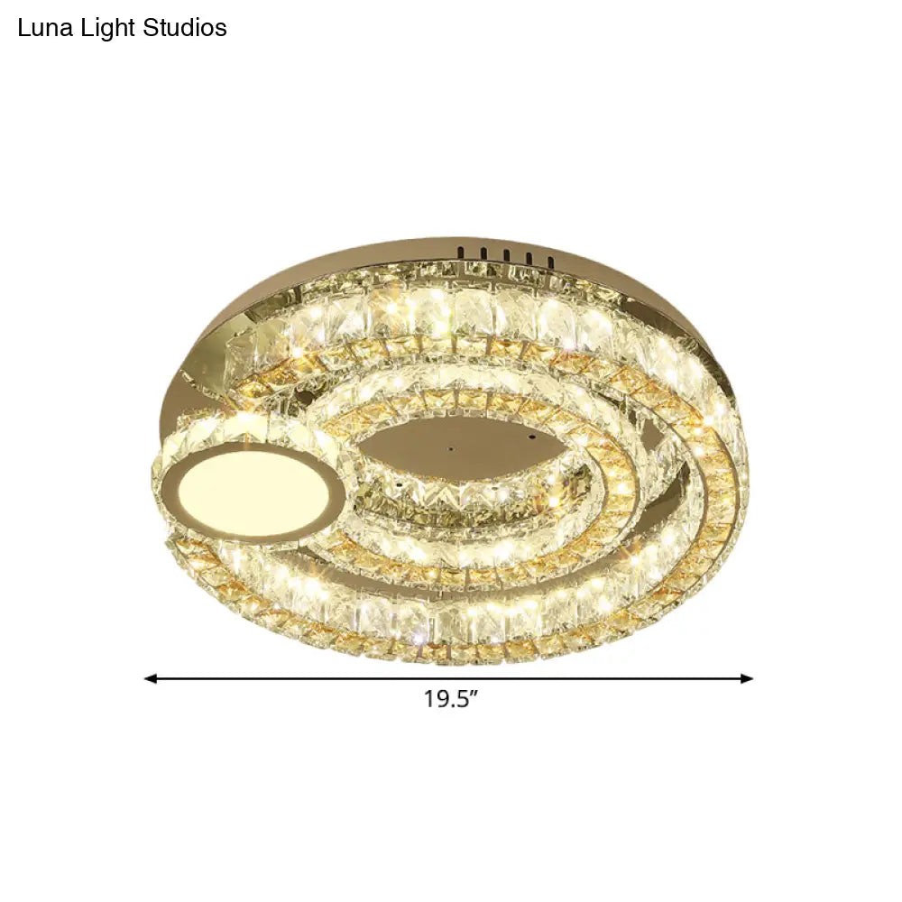 Contemporary Led Ring Flushmount: Stainless - Steel Finish Clear Faceted Crystal Blocks Ceiling