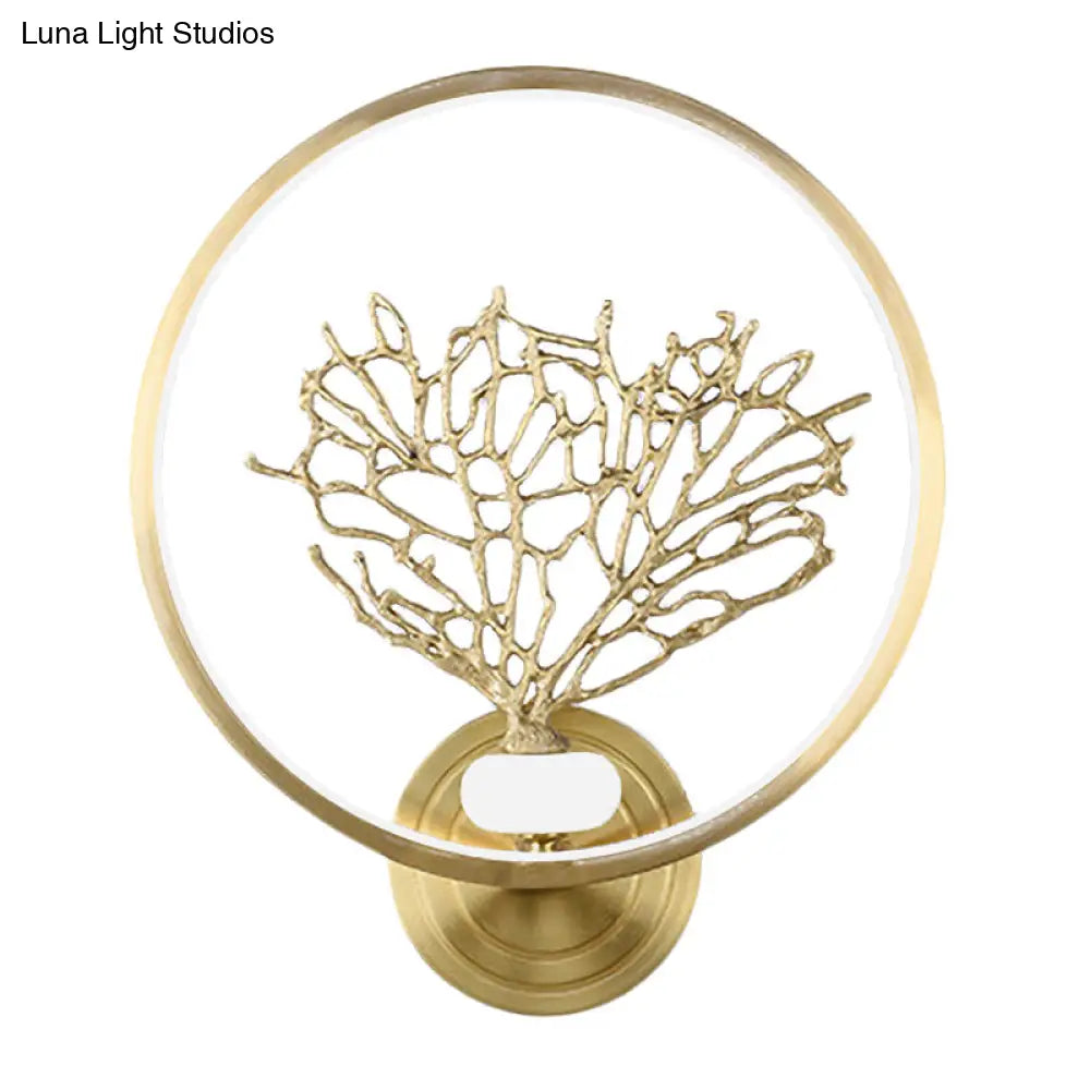 Contemporary Led Wall Mount Light With Gold Metallic Tree Design And Glowing Hook
