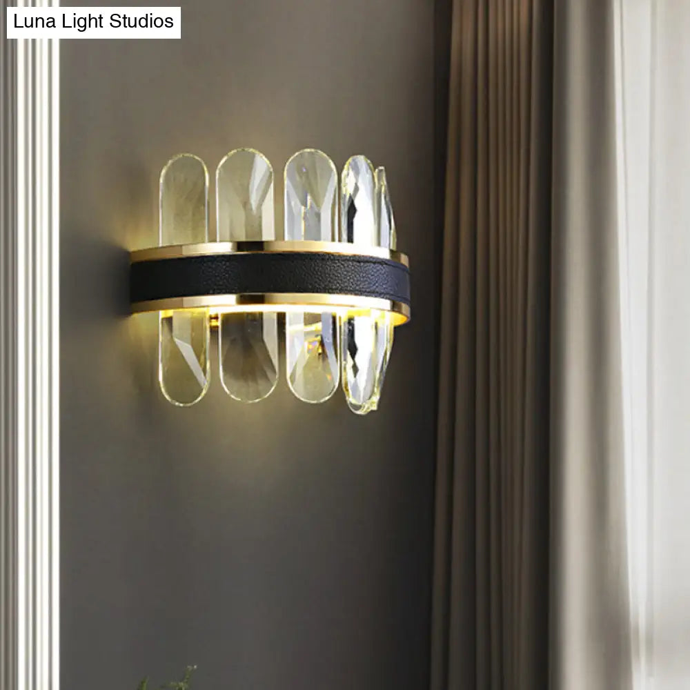 Contemporary Led Wall Sconce In Black - Clear Rectangle-Cut Crystal Half Cylinder Design For Bedside
