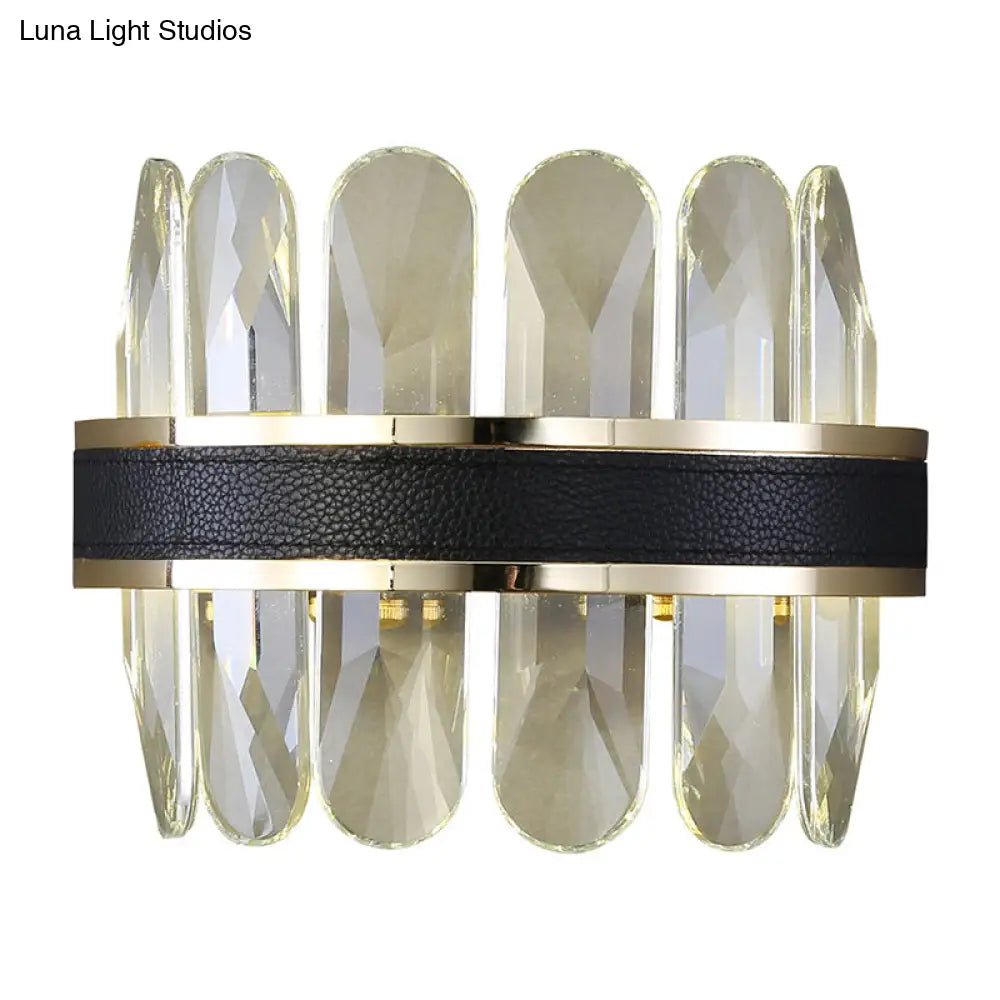Contemporary Led Wall Sconce In Black - Clear Rectangle-Cut Crystal Half Cylinder Design For Bedside