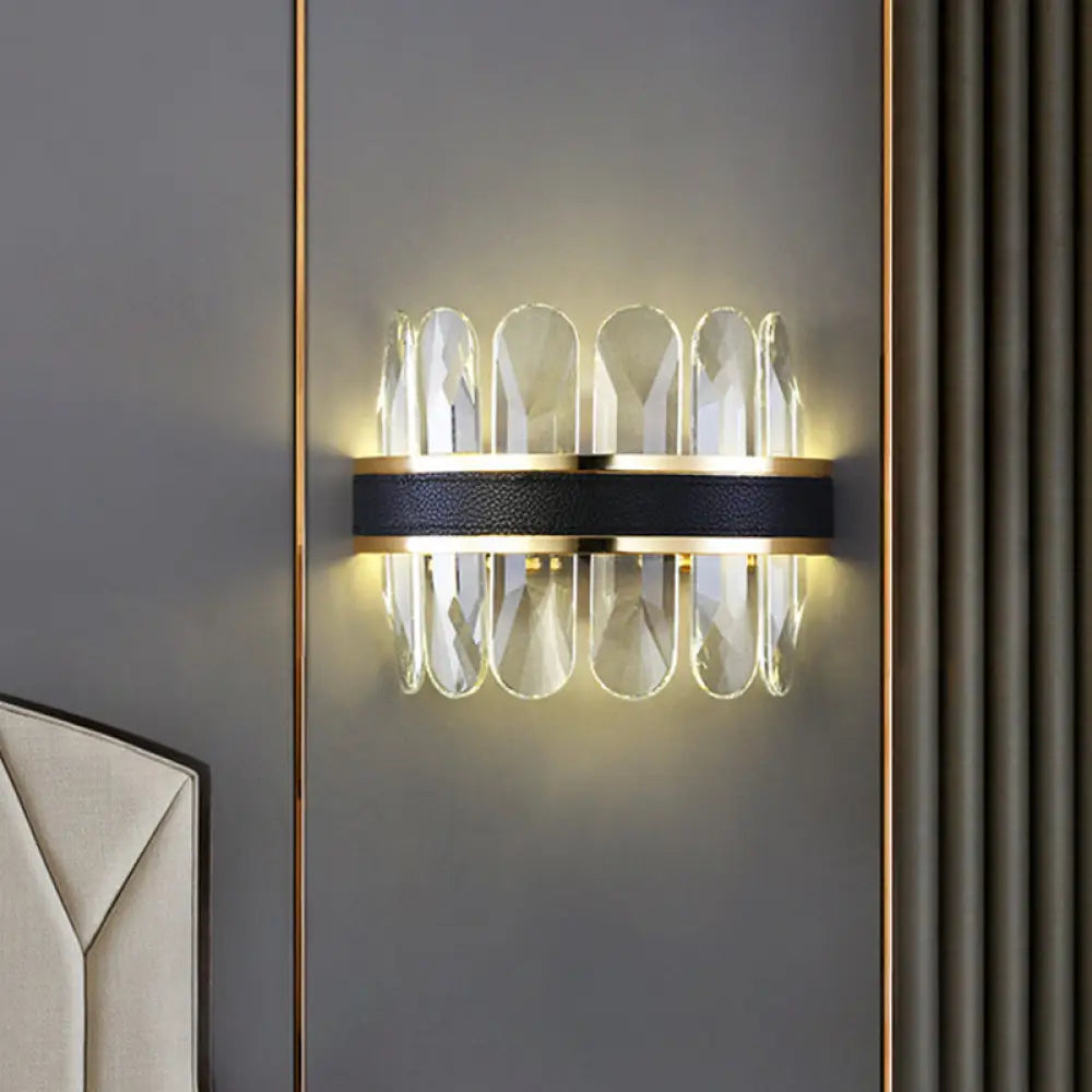 Contemporary Led Wall Sconce In Black - Clear Rectangle-Cut Crystal Half Cylinder Design For Bedside