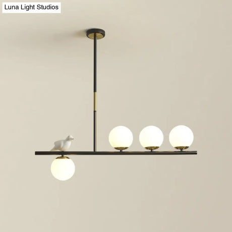 Contemporary Linear/Branch Dining Room Island Lamp - Cream Glass Ball 4 Heads Hanging Pendant With
