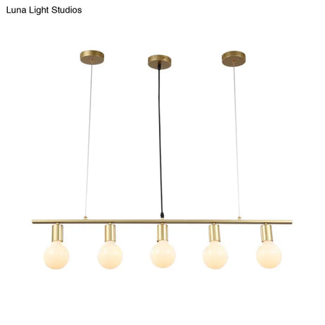 Contemporary Linear Metal Island Lighting With 5 Bulbs - White/Gold Finish Ceiling Lamp For Dining