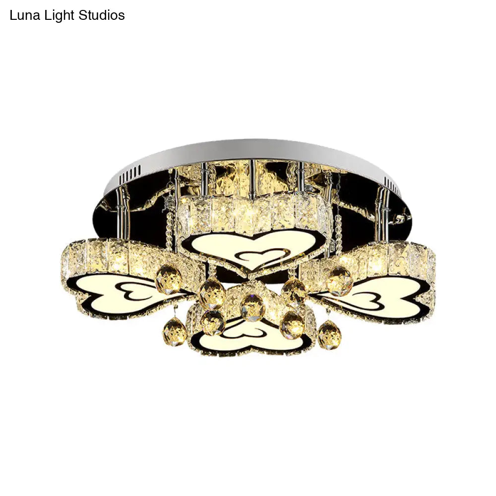 Contemporary Loving Heart Ceiling Fixture: Led Crystal Flush Mount Lamp With Chrome Finish