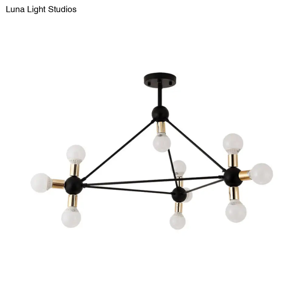 Contemporary Metal 10-Light Black Semi Flush Ceiling Light With Naked Bulb Design
