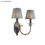 Contemporary Metal Arched Wall Light: 1 Head Black Sconce With Tapered Pleated Fabric Shade