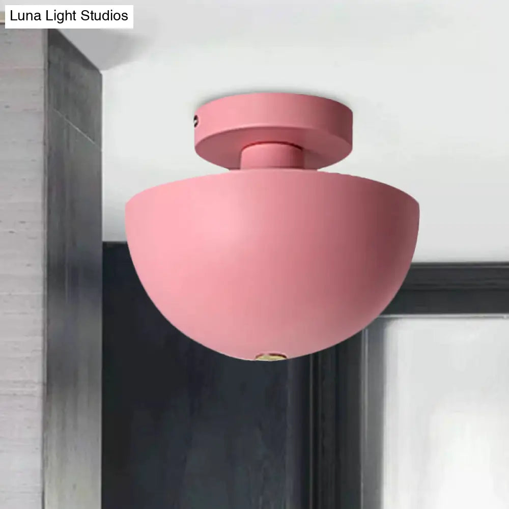 Contemporary Metal Dining Room Semi Flush Mount Ceiling Light - Pink/Yellow/Navy Bowl Design Single