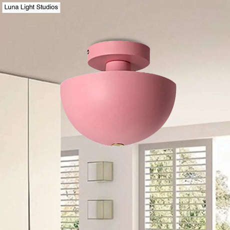 Contemporary Metal Dining Room Semi Flush Mount Ceiling Light - Pink/Yellow/Navy Bowl Design Single