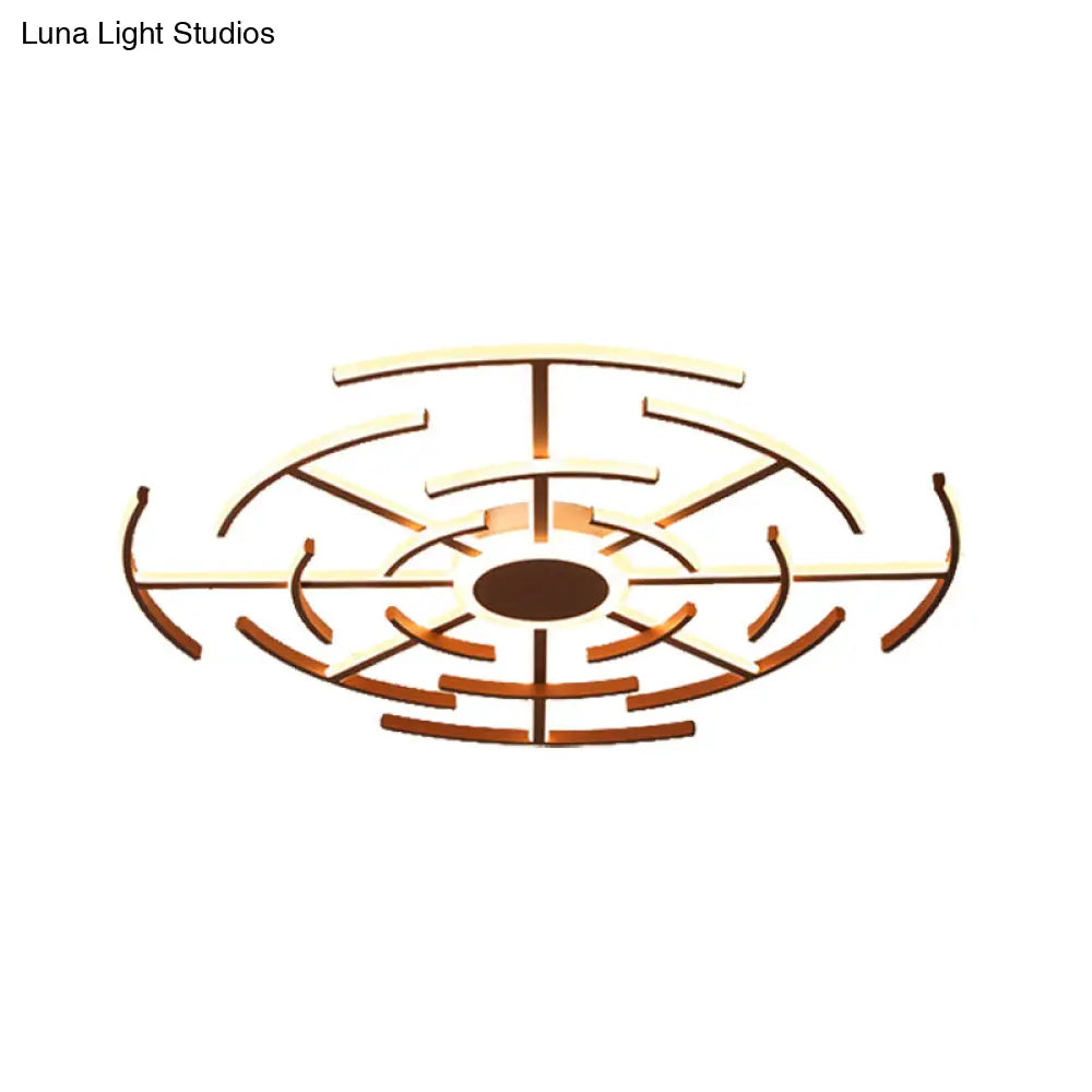 Contemporary Metal Round Flushmount Light With Maze Design - Brown