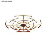 Contemporary Metal Round Flushmount Light With Maze Design - Brown
