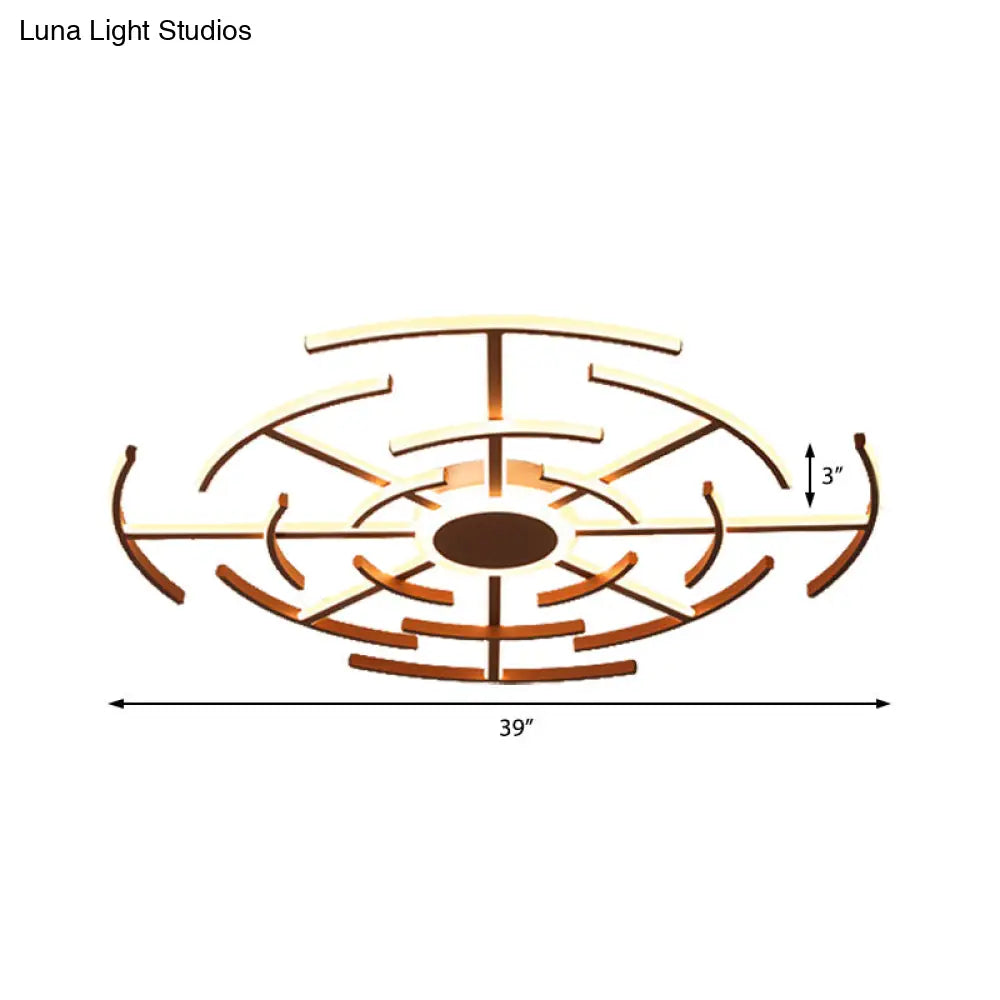 Contemporary Metal Round Flushmount Light With Maze Design - Brown