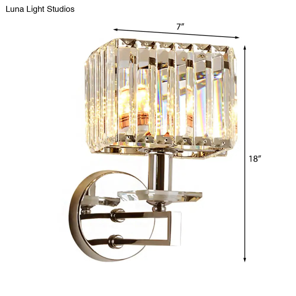 Contemporary Metal Wall Sconce - Cubic Design With Clear Crystal Block Chrome Finish