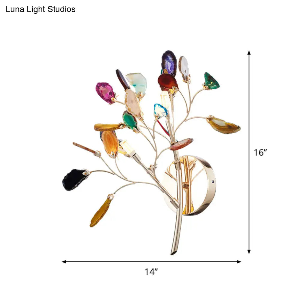Contemporary Metallic Led Wall Mount Sconce With Agate Leaf Deco - Gold Finish