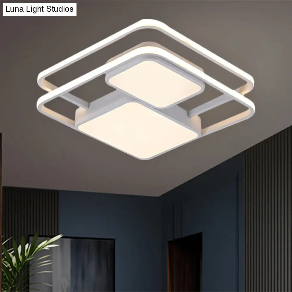 Contemporary Metallic Squared Flush Mount Lamp - White/Black Led Light 16.5’/20.5’ Width White/Warm