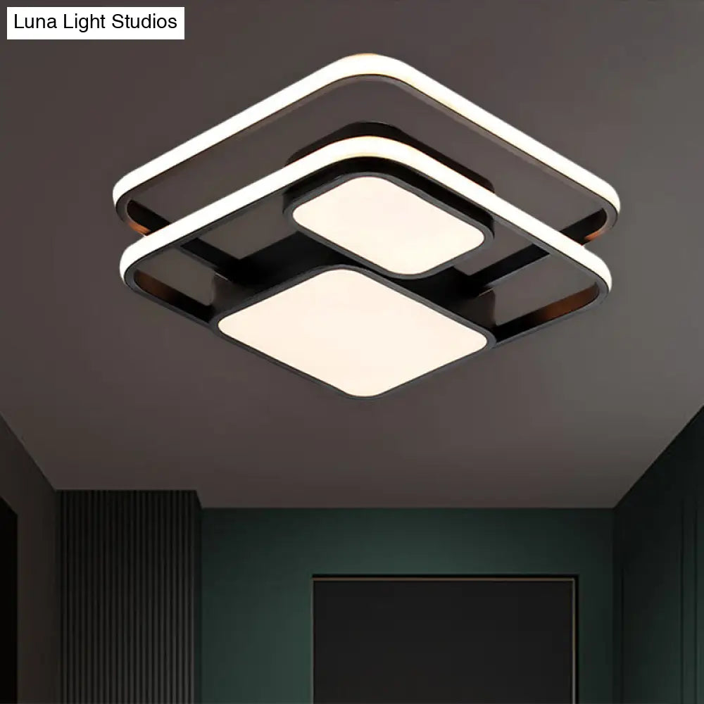 Contemporary Metallic Squared Flush Mount Lamp - White/Black Led Light 16.5’/20.5’ Width White/Warm
