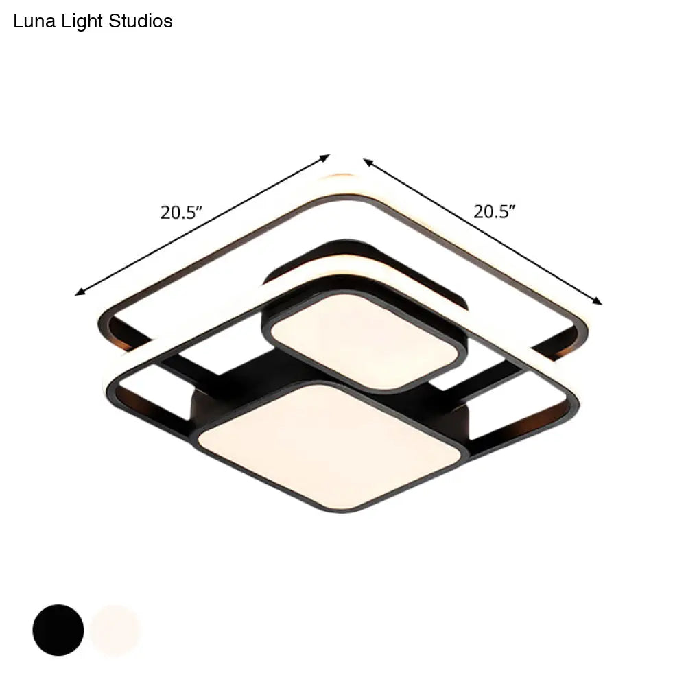 Contemporary Metallic Squared Flush Mount Lamp - White/Black Led Light 16.5’/20.5’ Width White/Warm