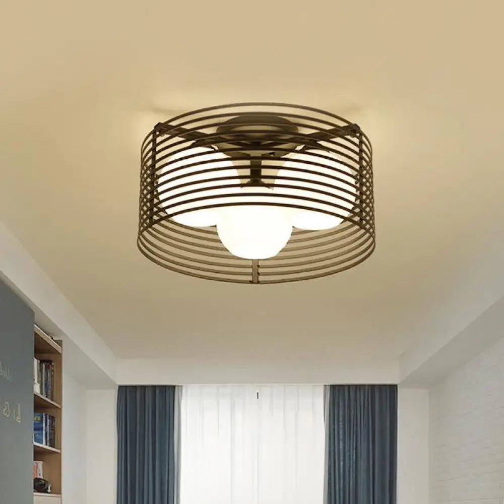 Contemporary Milk Glass Dome Flushmount: 3 - Head Flush Mount Ceiling Light With Black/White Drum