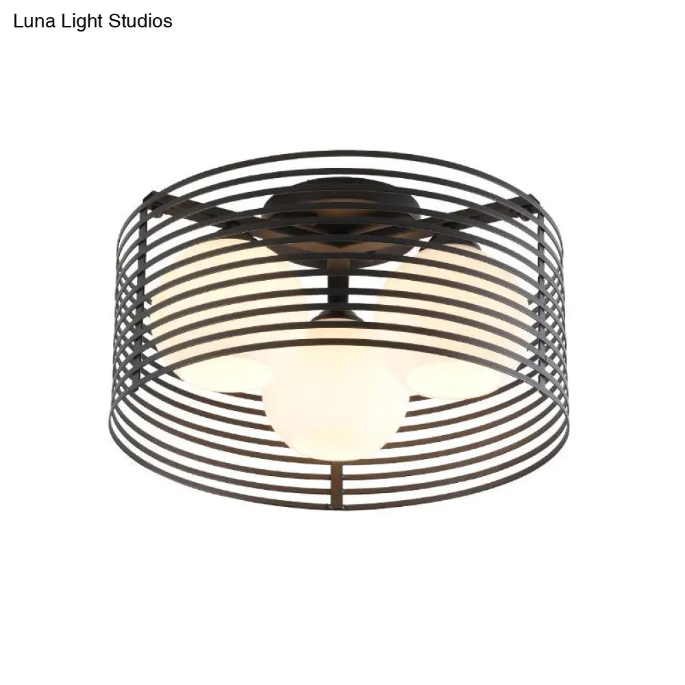 Contemporary Milk Glass Dome Flushmount: 3 - Head Flush Mount Ceiling Light With Black/White Drum