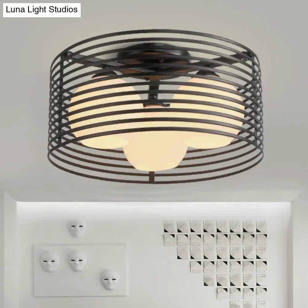 Contemporary Milk Glass Dome Flushmount: 3 - Head Flush Mount Ceiling Light With Black/White Drum