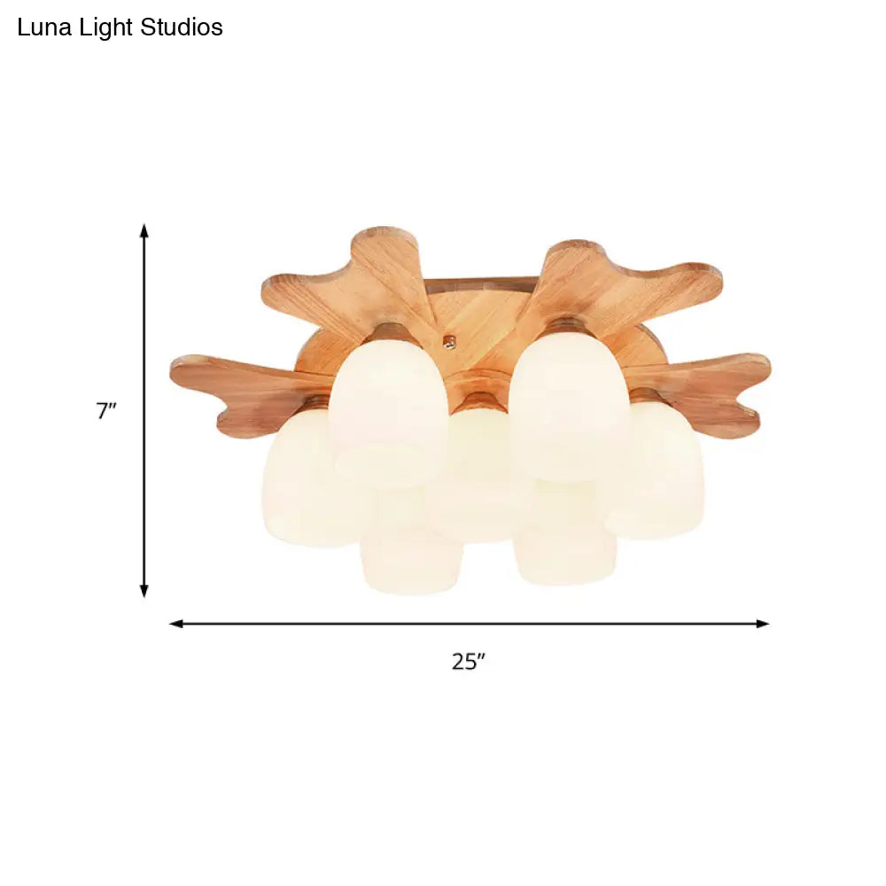 Contemporary Milk Glass Flush Mount Lamp With Wood Canopy - 1/3/4 Lights Beige Finish
