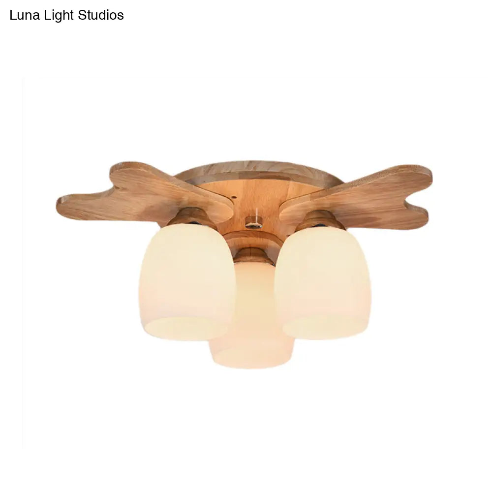Contemporary Milk Glass Flush Mount Lamp With Wood Canopy - 1/3/4 Lights Beige Finish