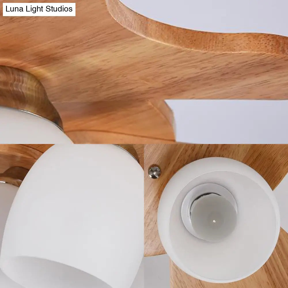 Contemporary Milk Glass Flush Mount Lamp With Wood Canopy - 1/3/4 Lights Beige Finish