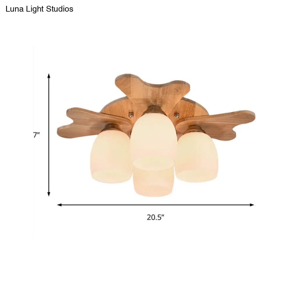 Contemporary Milk Glass Flush Mount Lamp With Wood Canopy - 1/3/4 Lights Beige Finish