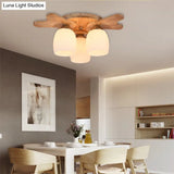 Contemporary Milk Glass Flush Mount Lamp With Wood Canopy - 1/3/4 Lights Beige Finish