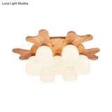 Contemporary Milk Glass Flush Mount Lamp With Wood Canopy - 1/3/4 Lights Beige Finish