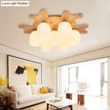 Contemporary Milk Glass Flush Mount Lamp With Wood Canopy - 1/3/4 Lights Beige Finish