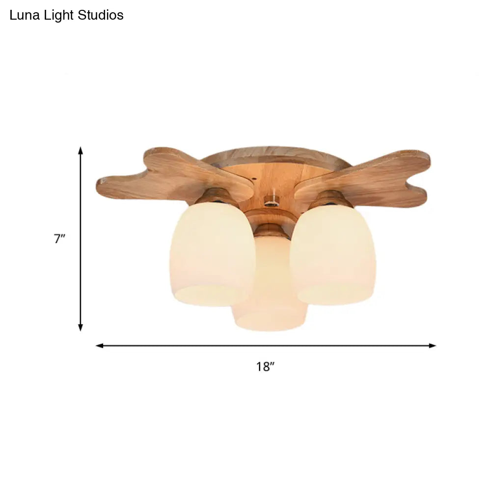 Contemporary Milk Glass Flush Mount Lamp With Wood Canopy - 1/3/4 Lights Beige Finish
