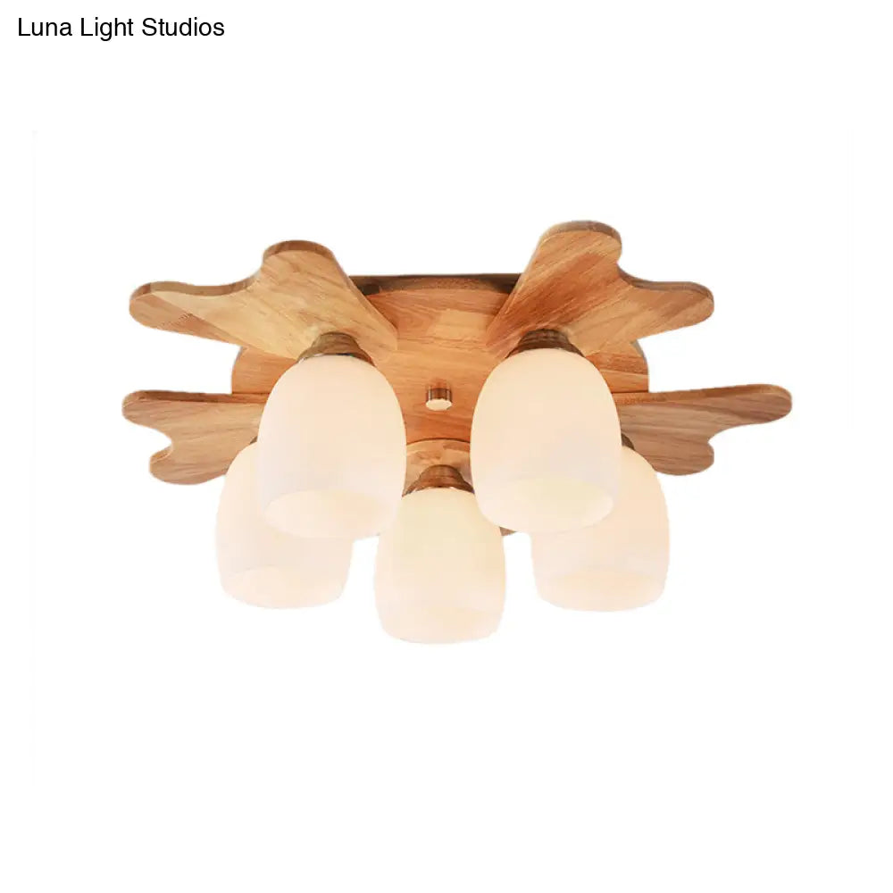 Contemporary Milk Glass Flush Mount Lamp With Wood Canopy - 1/3/4 Lights Beige Finish