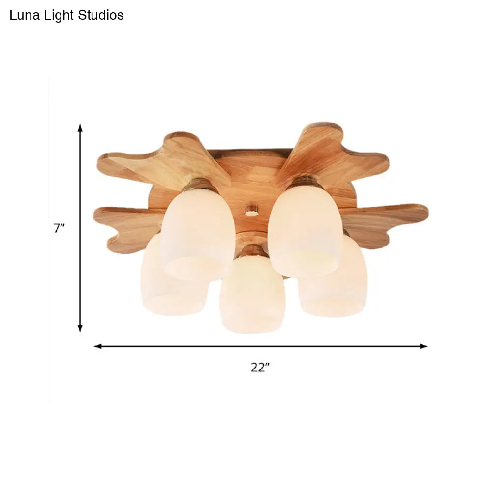 Contemporary Milk Glass Flush Mount Lamp With Wood Canopy - 1/3/4 Lights Beige Finish