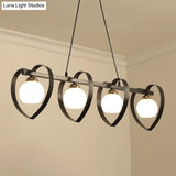Contemporary Opal Glass Island Lighting - 3/4 Lights White/Black Hanging Ceiling Lamp With Heart
