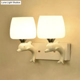 Contemporary Opal Glass Wall Light With Dolphin Decor - Tapered Shape 2 Bulbs White Lighting Fixture