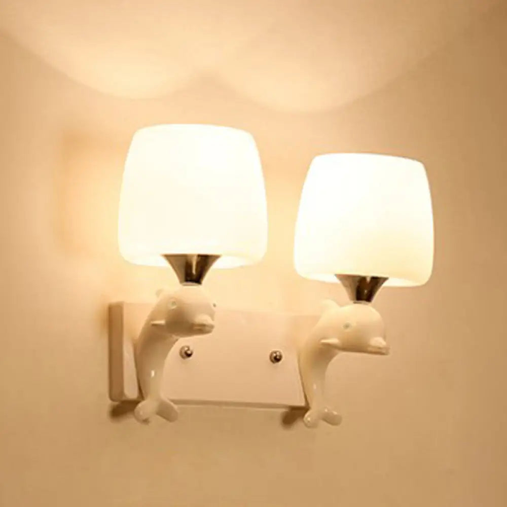 Contemporary Opal Glass Wall Light With Dolphin Decor - Tapered Shape 2 Bulbs White Lighting Fixture