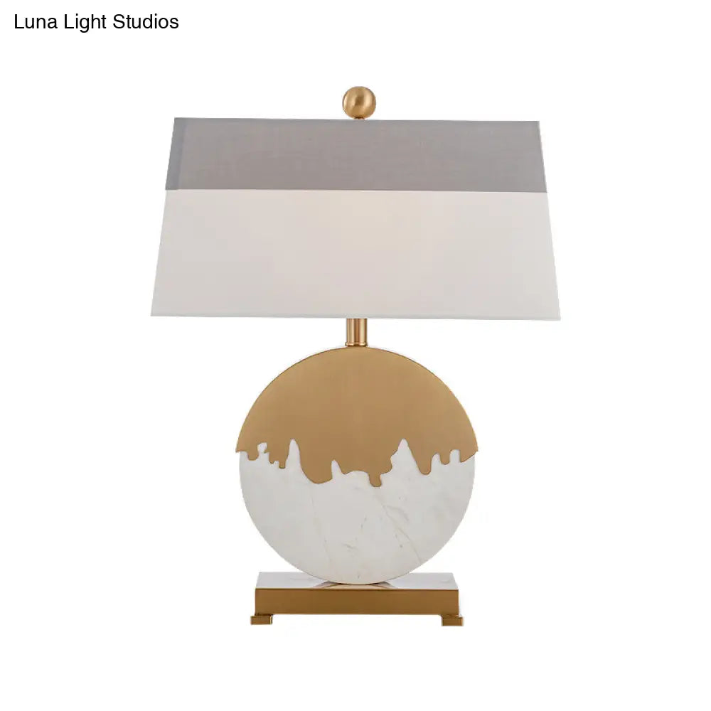 Contemporary Pagoda Fabric Table Light: Sleek Brass & White Nightstand Lamp Round Base
