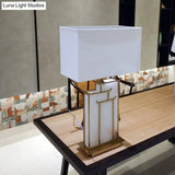 Contemporary Rectangle Fabric Table Lamp With Golden Frame And Marble Panel Deco White Task Light 1