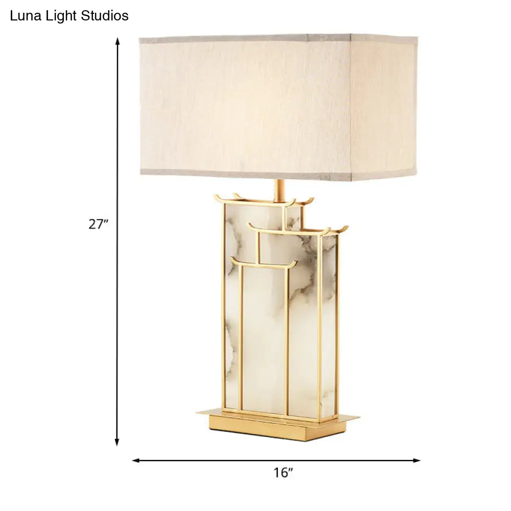 Contemporary Rectangle Fabric Table Lamp With Golden Frame And Marble Panel Deco White Task Light 1