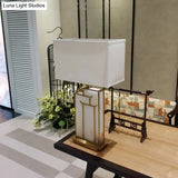 Contemporary Rectangle Fabric Table Lamp With Golden Frame And Marble Panel Deco White Task Light 1
