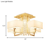 Contemporary Rectangle White Ceiling Light With Crystal Deco - Fabric And Metal Semi Mount Lighting
