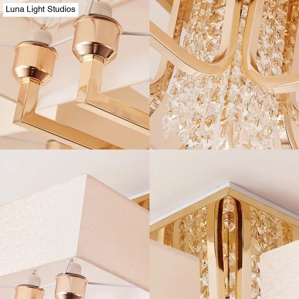 Contemporary Rectangle White Ceiling Light With Crystal Deco - Fabric And Metal Semi Mount Lighting