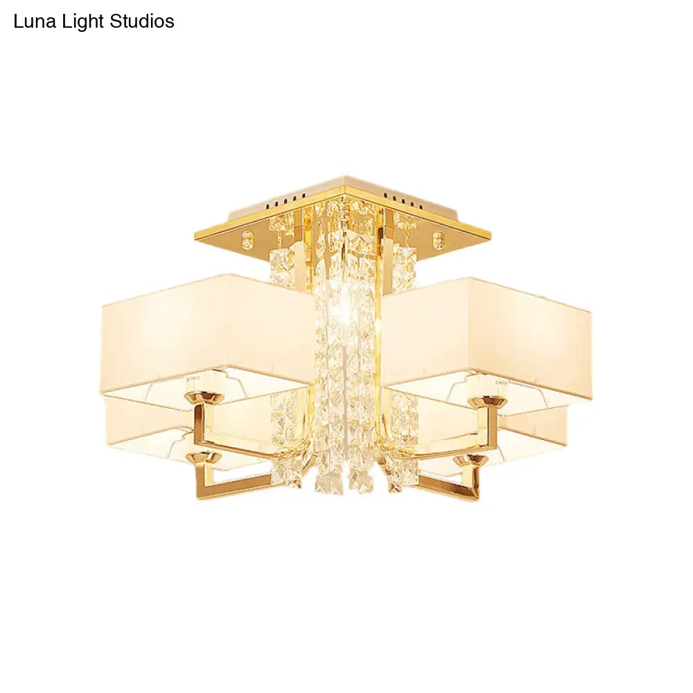 Contemporary Rectangle White Ceiling Light With Crystal Deco - Fabric And Metal Semi Mount Lighting