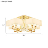 Contemporary Rectangle White Ceiling Light With Crystal Deco - Fabric And Metal Semi Mount Lighting