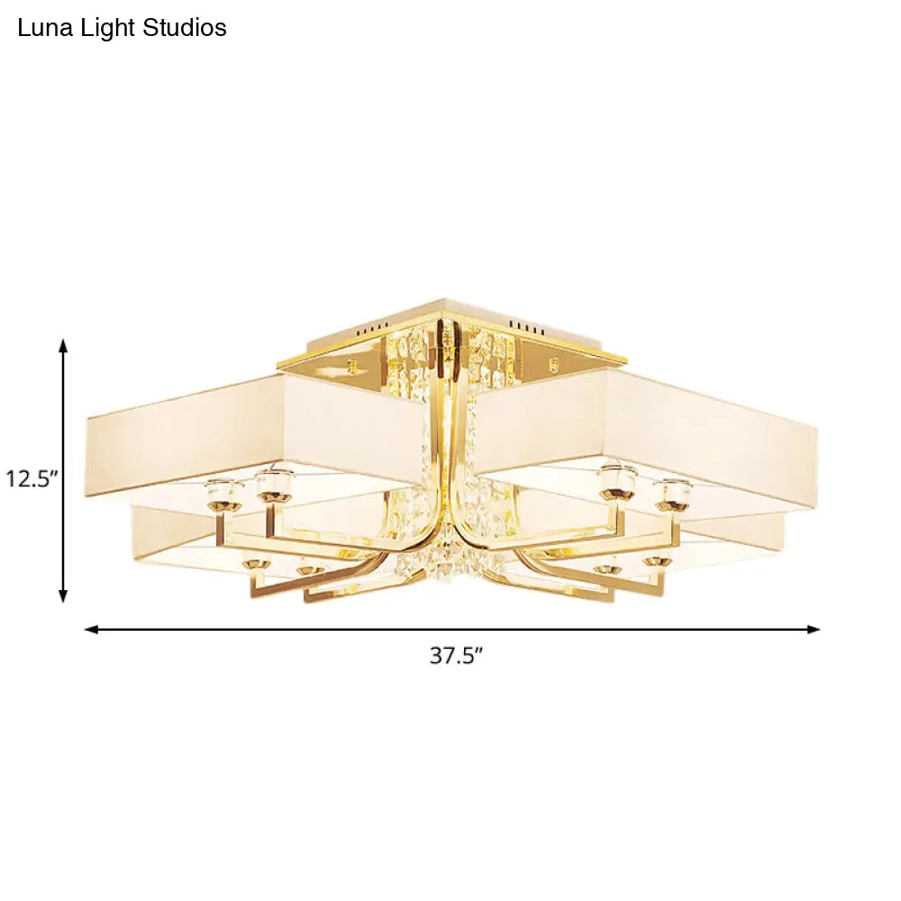 Contemporary Rectangle White Ceiling Light With Crystal Deco - Fabric And Metal Semi Mount Lighting