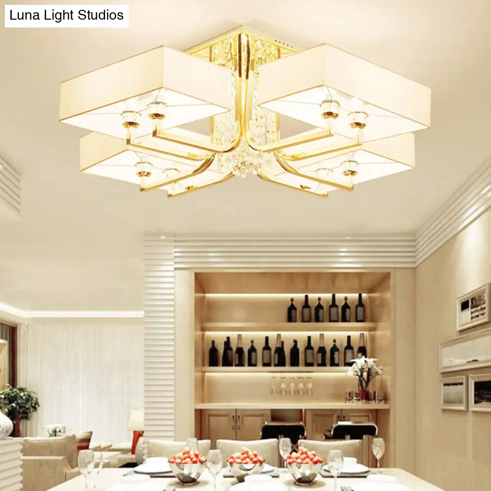 Contemporary Rectangle White Ceiling Light With Crystal Deco - Fabric And Metal Semi Mount Lighting