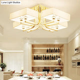 Contemporary Rectangle White Ceiling Light With Crystal Deco - Fabric And Metal Semi Mount Lighting